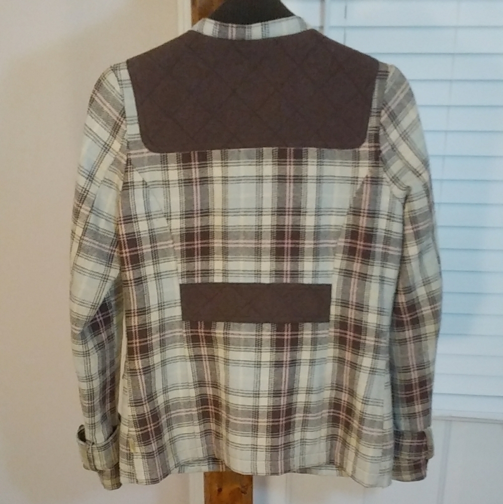 Billabong Wool Blend Brown Pink Plaid Pea Coat Jacket Size S Quilt Lined Pockets - Picture 3 of 9
